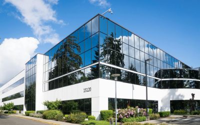 Contemporary office building in Redmond with reflective glass and lush greenery, captured on a sunny day.